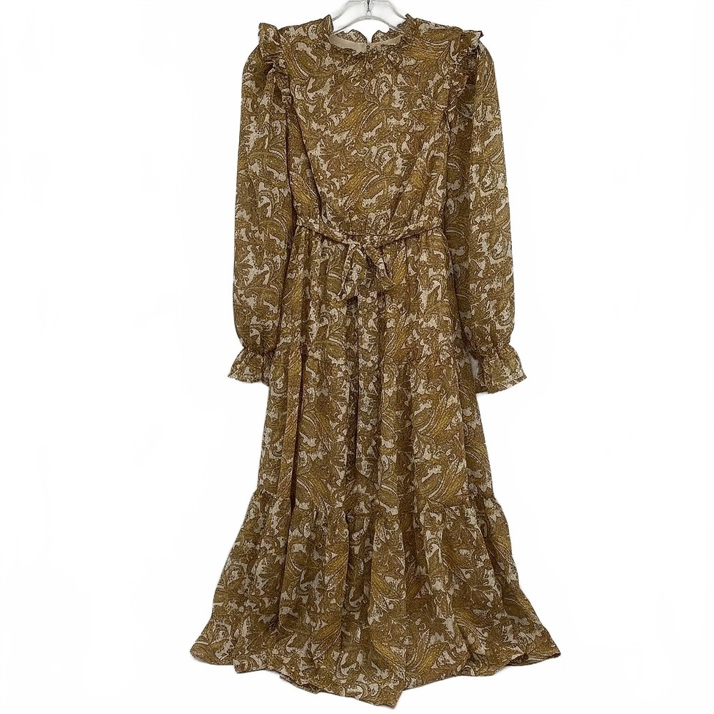 Moon River Gold Paisley Puff Sleeve Midi Dress | XS Regular